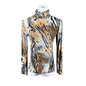 Papillon Blanc Women Mixed Animal Print Turtleneck Long Sleeve Top Brown Tan